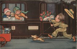 Boy running with dogs to give flowers to a girl leaving on a train Postcard