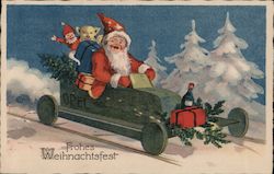 Santa Driving a Car With Presents Postcard