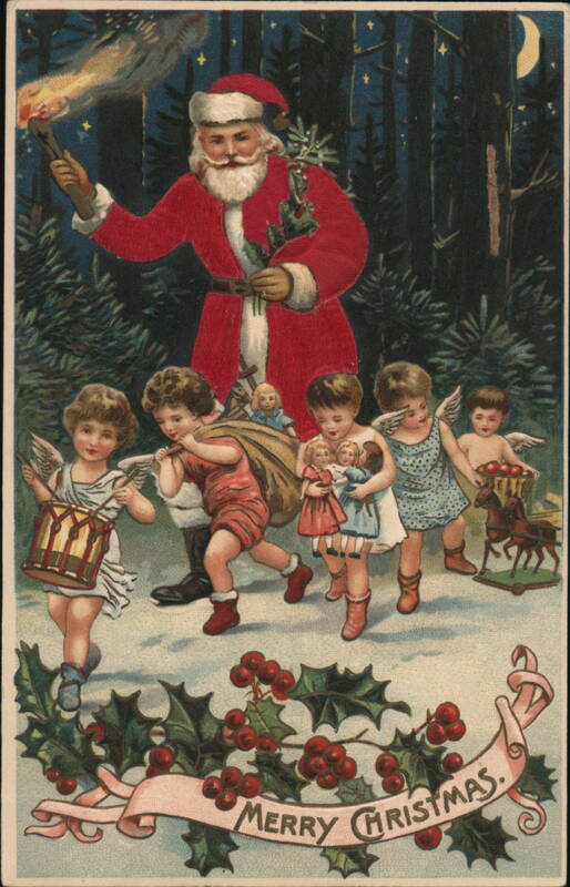 Santa Claus Leading Angel Children with Toys, Merry Christmas