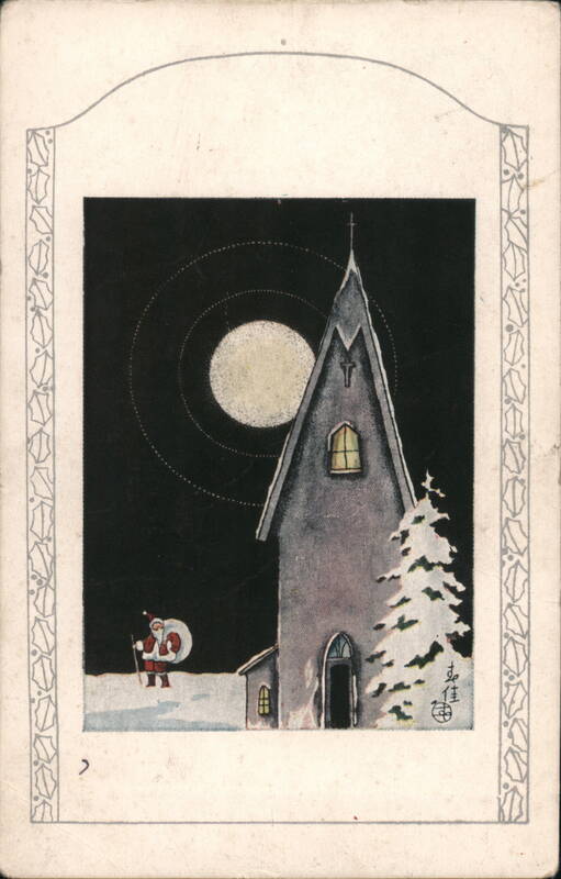 Santa Claus Visiting Church at Night, Japanese Illustration