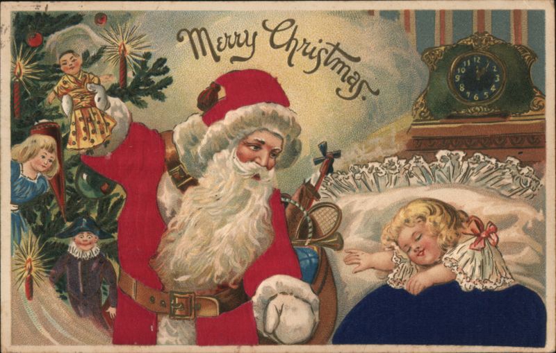 Silk Santa Claus Delivering Gifts to Sleeping Child, Merry Christmas