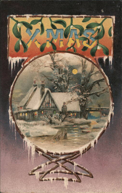 XMAS Winter Scene with Snow-Covered House and Mistletoe