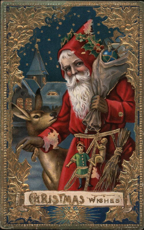 Santa Claus with Deer and Toys, Christmas Wishes