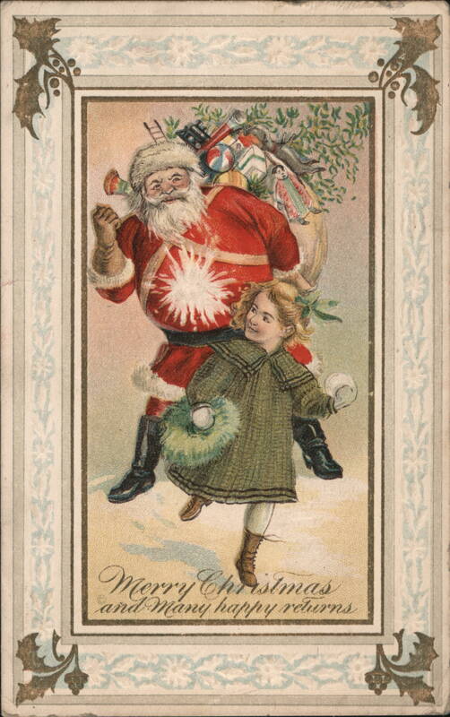 Santa Claus with Girl and Toys, Merry Christmas