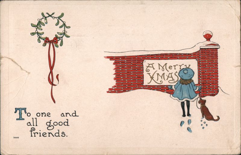 Child and Dog Writing A Merry Xmas on Brick Wall BWF