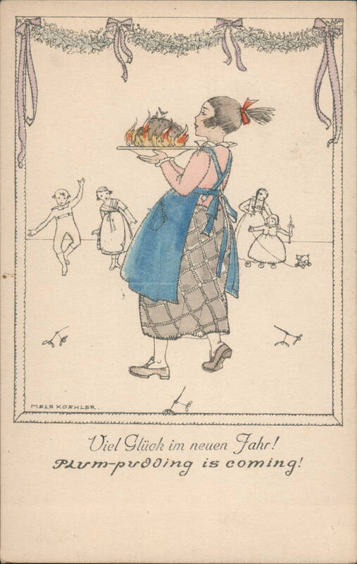 Woman Serving Flaming Plum Pudding, New Year Greeting