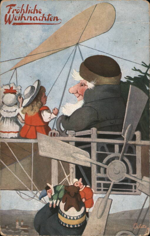 Fröhliche Weihnachten, Santa Claus Flying Airplane with Children