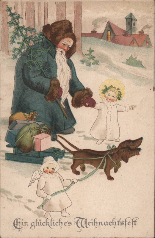 German Christmas Greeting with Santa Figure, Angels, Dachshunds