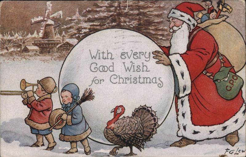 Santa Claus with Children, Turkey, and Christmas Wish Sign