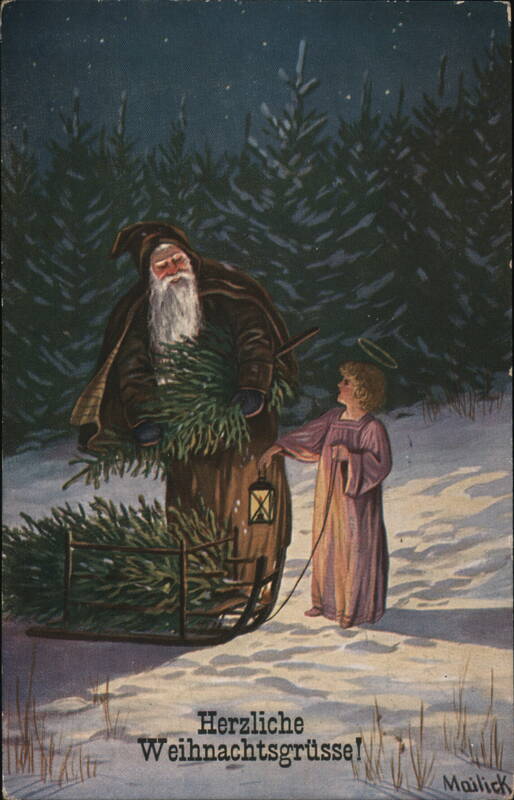 Herzliche Weihnachtsgrüsse! Santa & Angel Pulling Sled with Tree