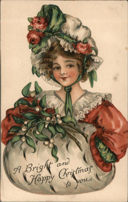 Girl in Bonnet with Mistletoe Muff, Christmas Greeting