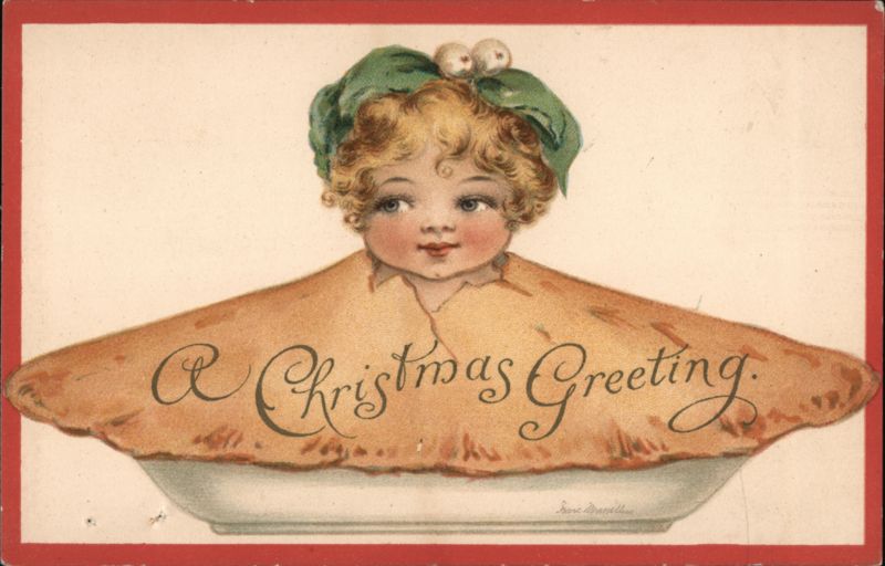 A Christmas Greeting Girl Popping Out of Pie, Signed Irene Marcellus