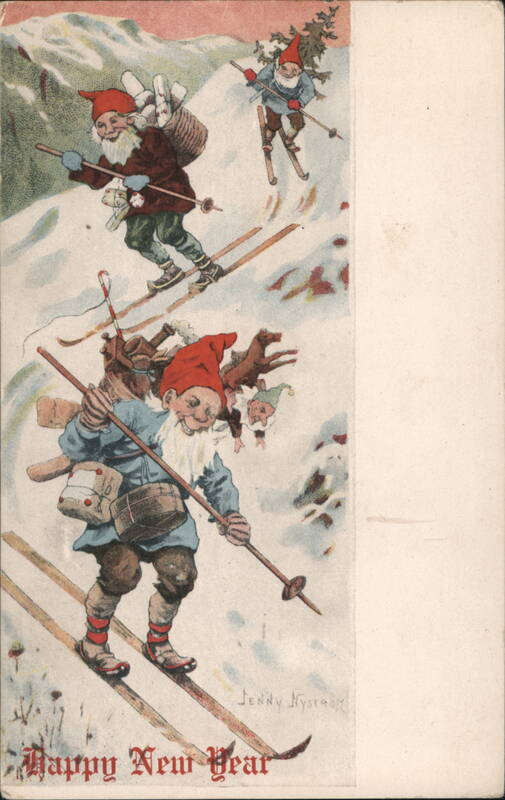 Happy New Year Gnomes Skiing Downhill Jenny Nystrom