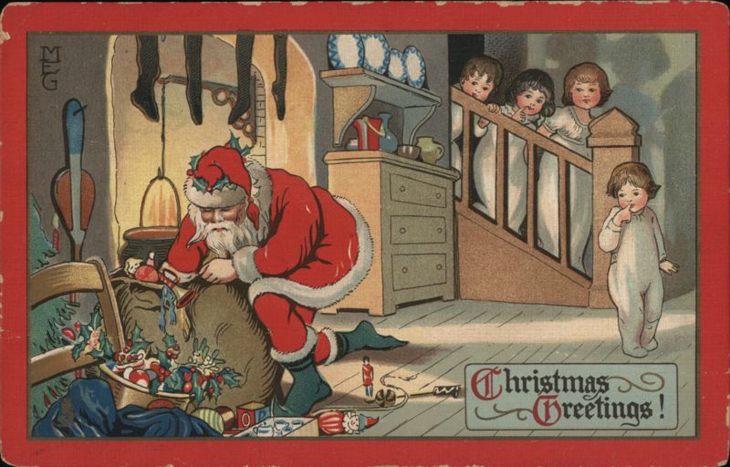 Santa Claus Filling Stockings, Children Watching