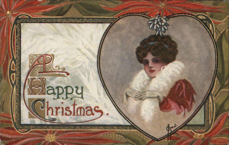 A Happy Christmas Greeting, Woman in Heart Frame Owd.