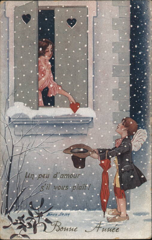 Cupid Boy Catching Heart from Girl in Window, Bonne Année