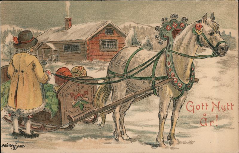 Gott Nytt År! Horse Drawn Sleigh in Winter Adina Sand