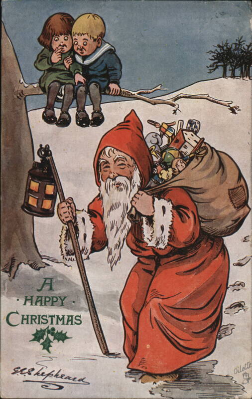 Santa Claus with Sack of Toys and Lantern, Children Watching