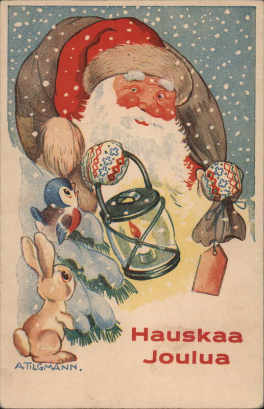 Santa Claus with Lantern, Rabbit, and Bird, Hauskaa Joulua