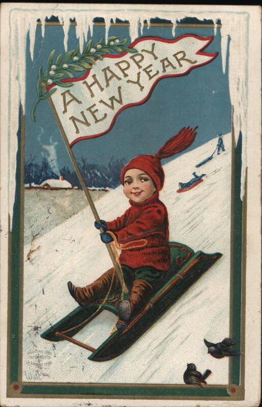 Child Sledding with 'A Happy New Year' Flag Walt Children