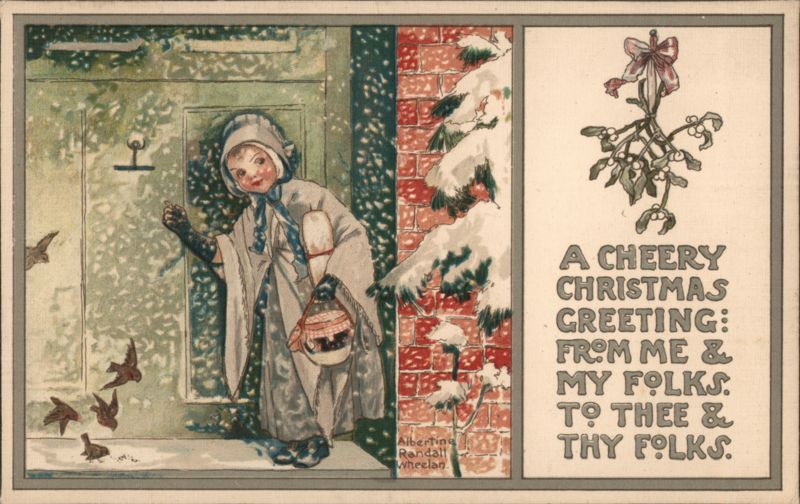 Christmas Greeting, Child Knocking at Door in Snow