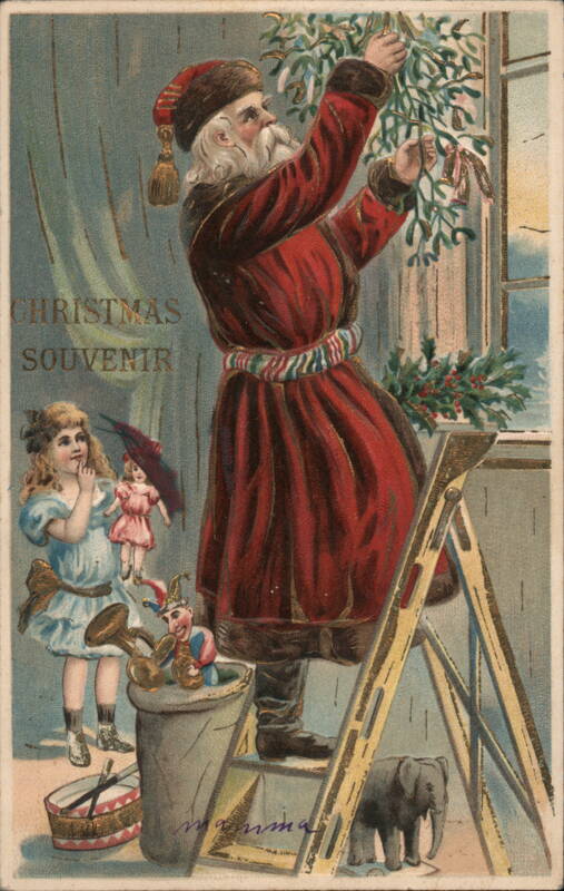 Santa Claus Decorating with Mistletoe, Christmas Souvenir