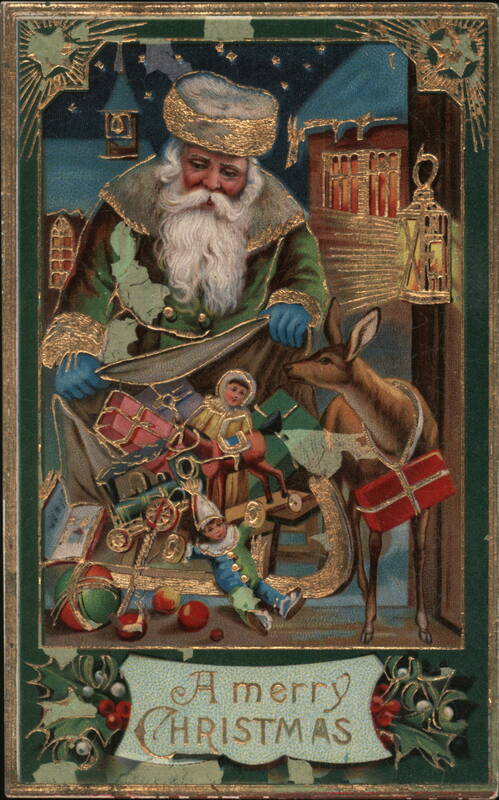 Santa Claus with Toys and Deer, A Merry Christmas