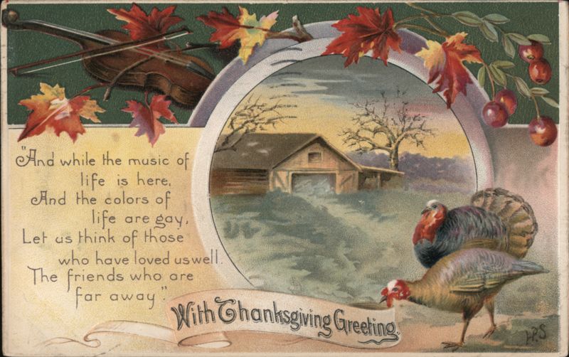 Thanksgiving Greeting with Turkeys and Rural Scene
