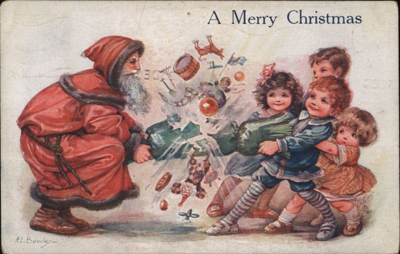 Santa Claus & Children Pulling Christmas Cracker A L Bowley