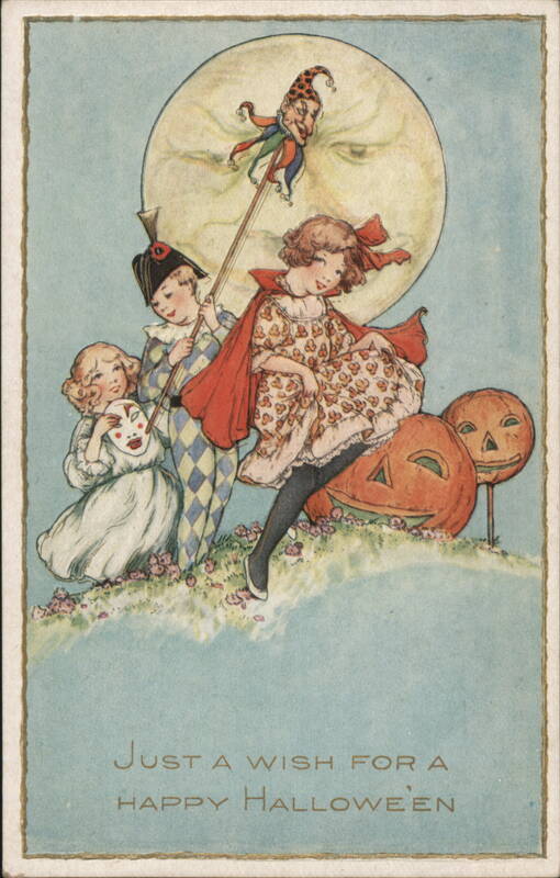 Children in Halloween Costumes with Moon and Jack-o'-Lanterns