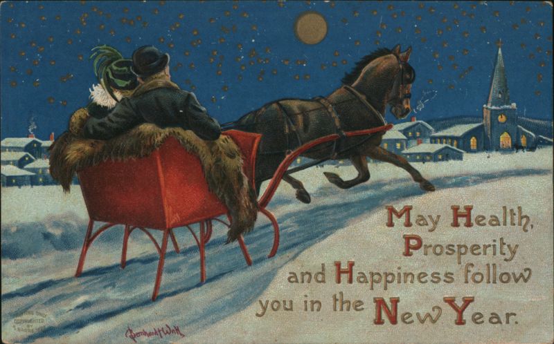 New Year Greetings, Couple in Horse-Drawn Sleigh at Night