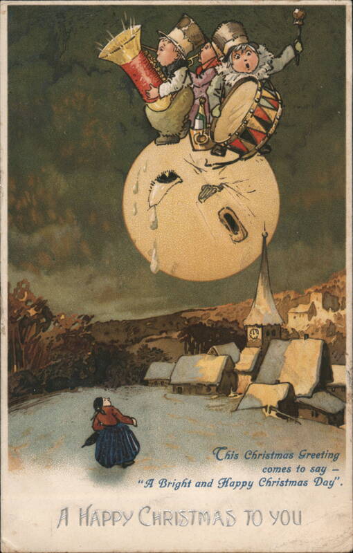 Christmas Greeting, Figures on Crying Moon over Snowy Village