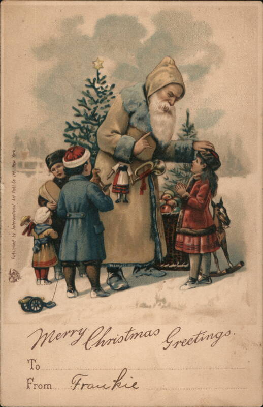 Santa Claus with Children and Toys, Merry Christmas Greetings