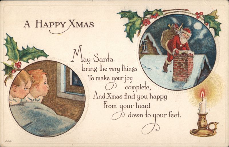 A Happy Xmas, Santa on Rooftop, Children Waiting Santa Claus