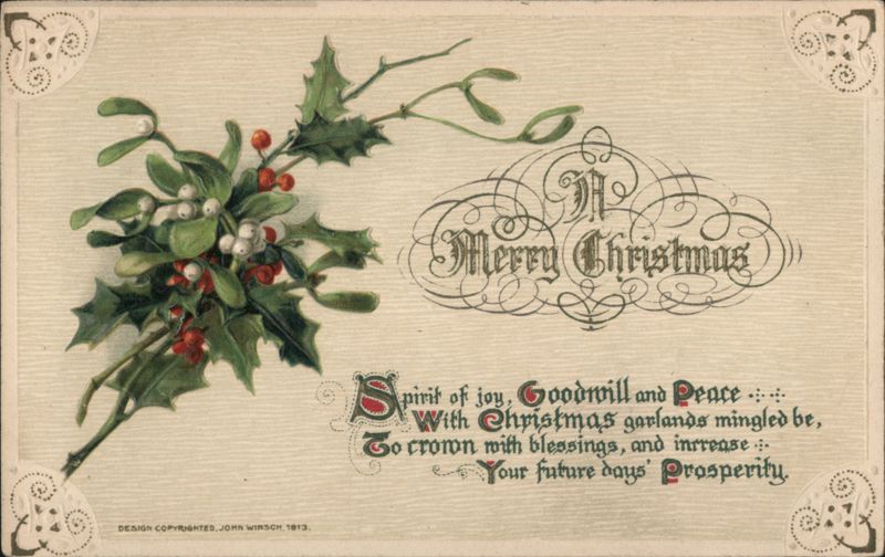 Merry Christmas, Holly and Mistletoe Sprig