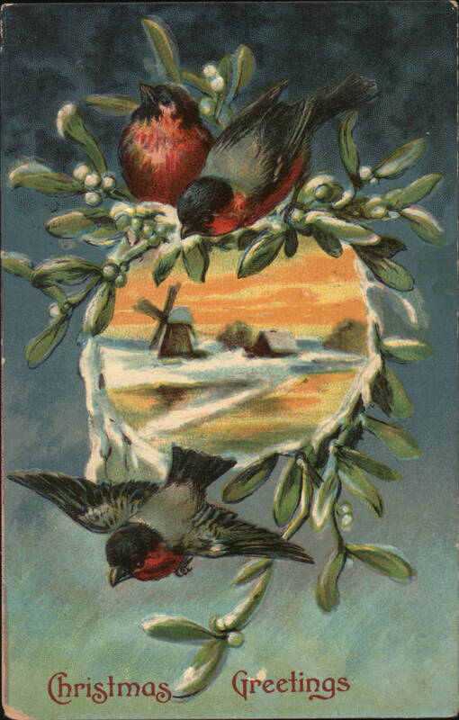 Christmas Greetings with Birds, Mistletoe, and Winter Scene