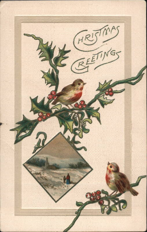Christmas Greetings with Robins and Holly