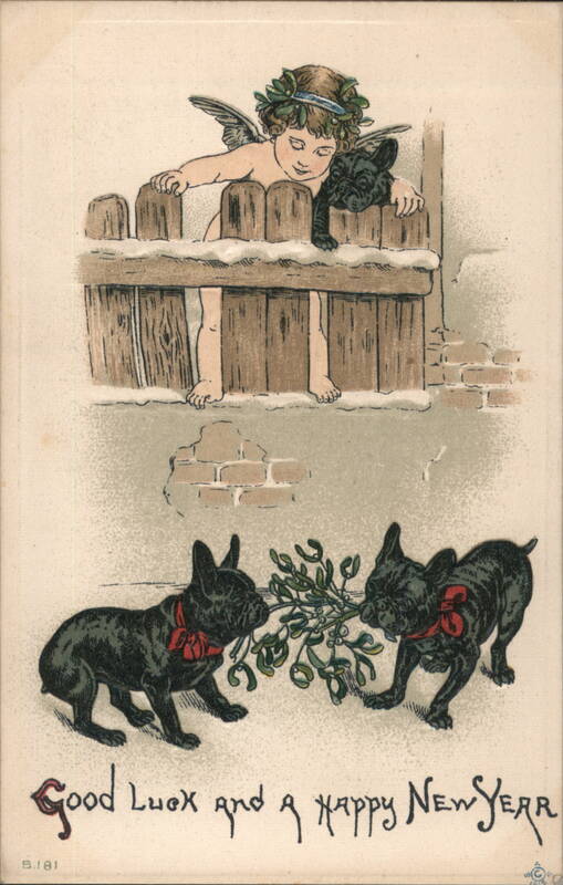 New Year Greeting with Cherub and French Bulldogs Angels & Cherubs