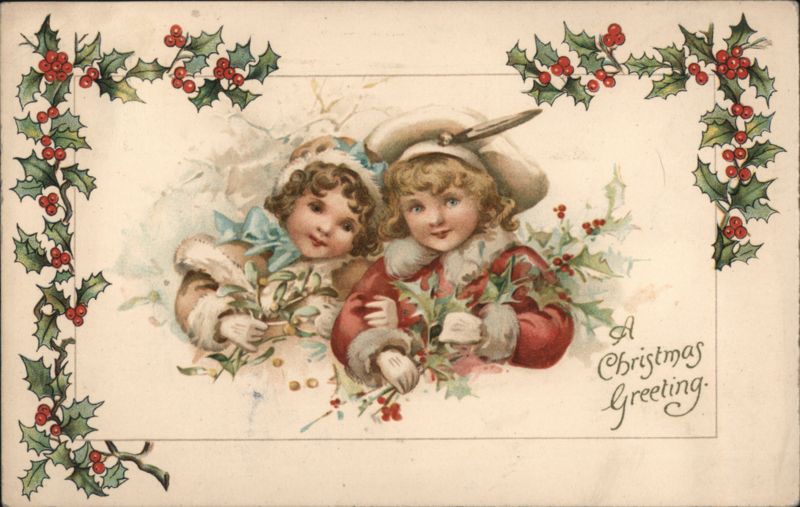 Christmas Greeting with Two Children Holding Holly