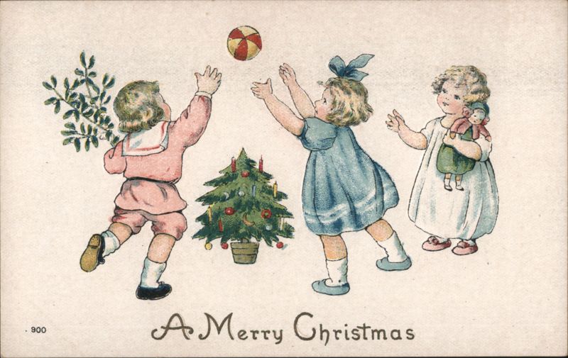 Children Playing with Ball near Christmas Tree