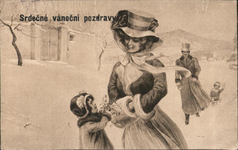 Srdečné vánoční pozdravy, Woman and Child in Winter Scene