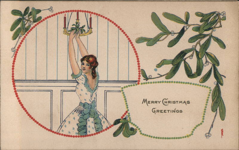Woman Hanging Mistletoe on Chandelier, Merry Christmas Greetings