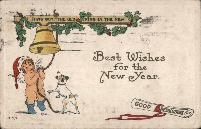 New Year's Greetings, Angel Ringing Bell with Dog M. Dulk