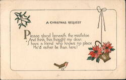 A Christmas Request Poem with Mistletoe and Poinsettias Postcard