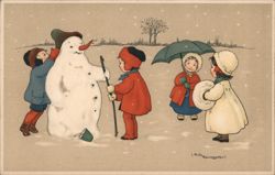 Children Building a Snowman in Winter Scene by Fritz Baumgarten Postcard
