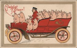 Happy New Year! Postman Driving Car Full of Pigs Postcard