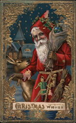 Santa Claus with Deer and Toys, Christmas Wishes Postcard