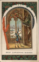 Man Ringing Bell in Tower, Best Christmas Wishes Postcard