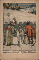 Saint Nicholas, Angel, Krampus, and Soldiers - Merry Christmas Postcard
