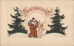Frohe Weihnachten! Santa Claus and Angel Postcard